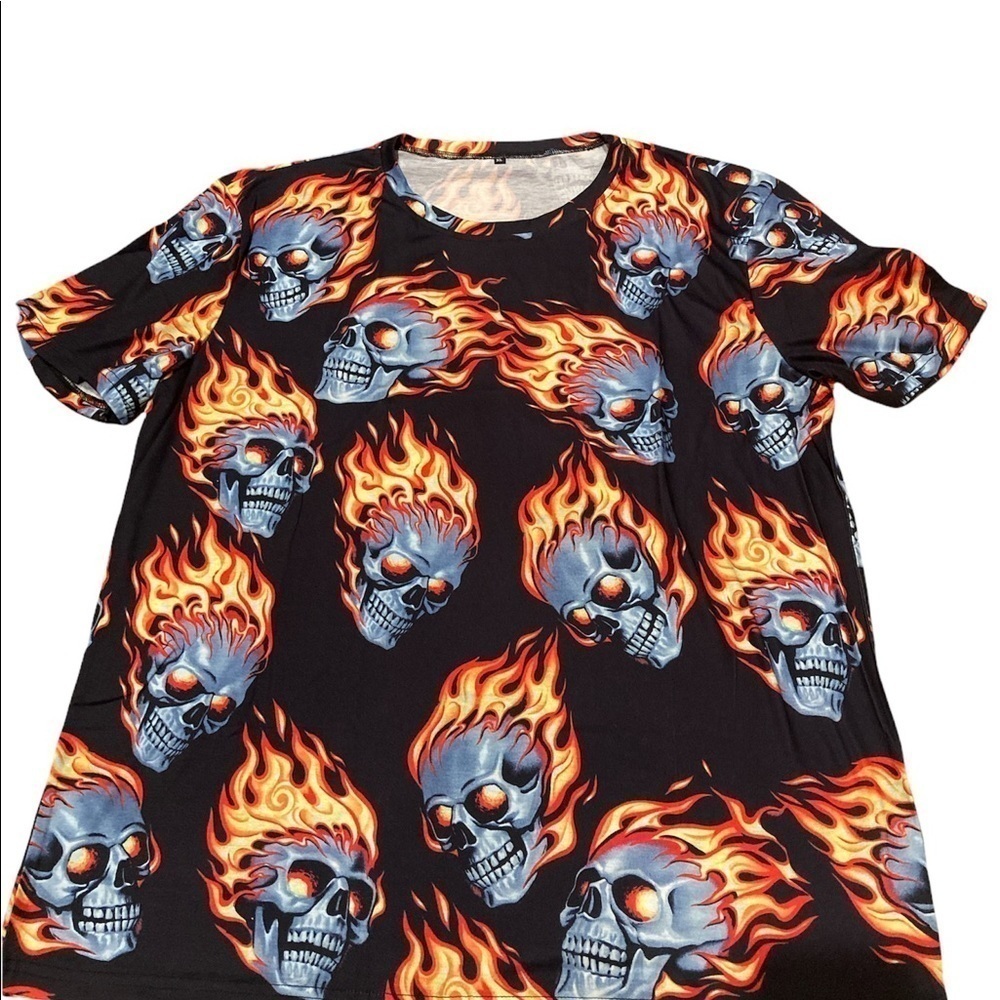 Amazon mens workout shirt with flaming skulls